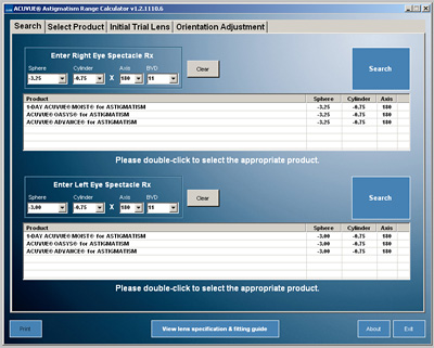 Screen shot for ACUVUE® ASTIGMATISM Range Selector