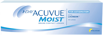 Balení 30 čoček. Kontaktní čočky 1-DAY ACUVUE® MOIST for ASTIGMATISM s technologií LACREON® a UV filtrem.